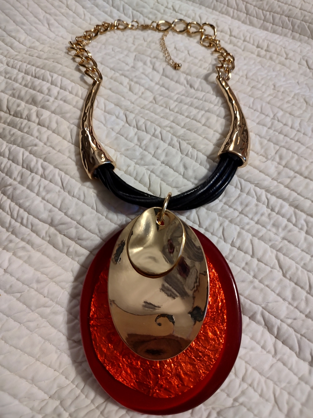Gold and Red Statement Pendant Necklace - Women Jewelry